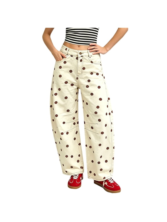 2026 Polka Dot Pattern Barrel Jeans for Women Low Rise Wide Leg Ruched Denim Pant with Pockets Curved Leg Jeans Y2k Baggy Vintage Casual Cute Streetwear,Coffee M