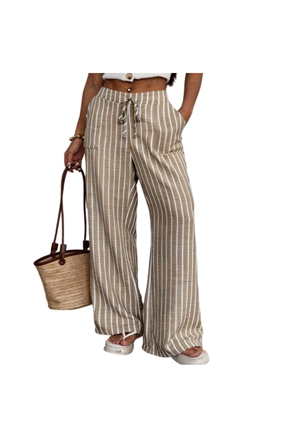 2026 Summer Striped Pants for Women Wide Leg Drawstring Pants with Pockets Elastic Waist Trouser Loose Fit Lounge Comfy Summer Vacation Outfits,Khaki L