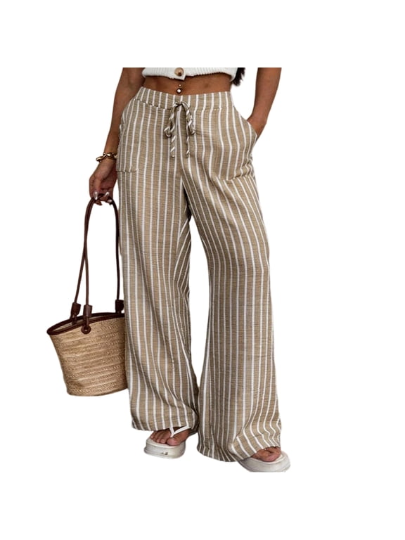 2026 Summer Striped Pants for Women Wide Leg Drawstring Pants with Pockets Elastic Waist Trouser Loose Fit Lounge Comfy Summer Vacation Outfits,Khaki L