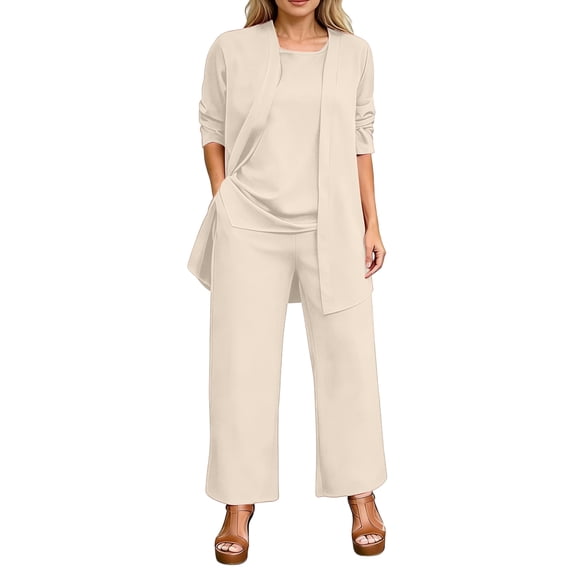 Textilo 3 Piece Lounge Sets for Women Open Front 3/4 Sleeve Cardigan Sleeveless Tank Tops Wide Leg Pants Sets Formal Evening Outfit for Wedding,Beige XL