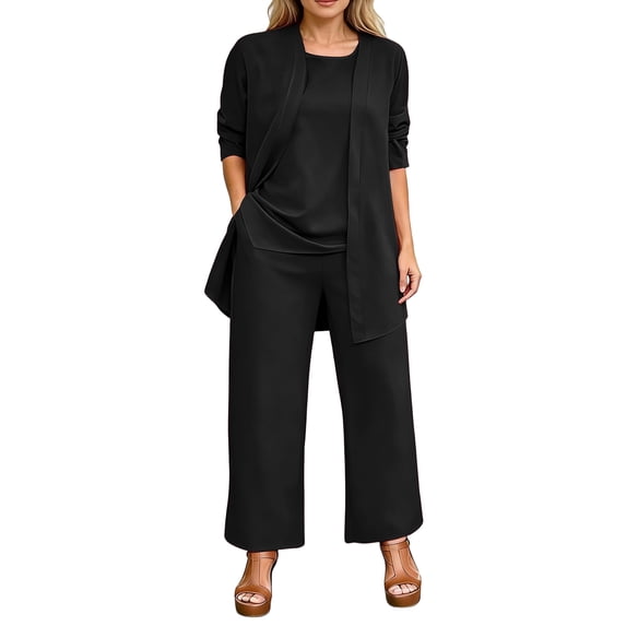 Textilo 3 Piece Pant Suits for Women 3/4 Sleeve Cardigan Sleeveless Top Wide Leg Pants Set Suits Formal Evening Outfit for Wedding,Black XL