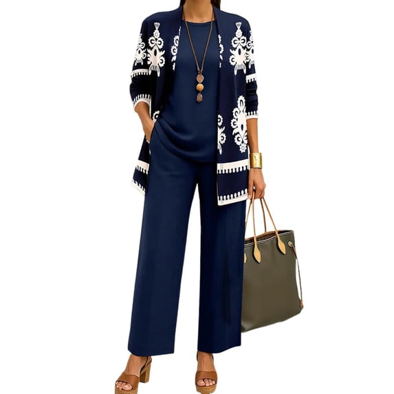 Textilo 3 Piece Travel Outfits for Women Sleeveless Tops Palazzo Pants with 3/4 Sleeve Floral Cardigan Suits Mother Of the Bride Wedding Outfits,Royal Blue L