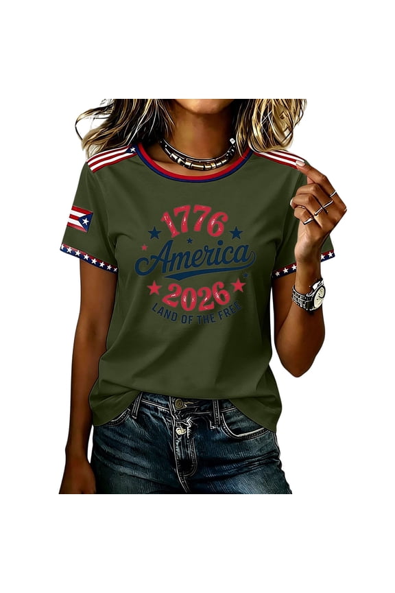 4th Of July Shirts for Women Short Sleeve Crewneck Shirt American Flag Design T-Shirt 1776–2026 Patriotic Independence Day Tees,Camouflage Green L