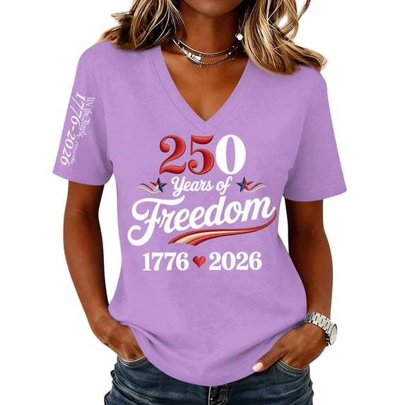 Textilo American 250th Anniversary T-Shirt for Women Short Sleeve V-Neck Shirt American Flag Design T-Shirt Freedom We the People Classic Summer Tee Tops,Purple XL