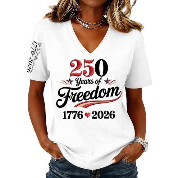 Textilo American 250th Anniversary T-Shirt for Women Short Sleeve V-Neck Shirts American Flag Design T-Shirt Patriotic We the People 1776 Workout Tees,White L