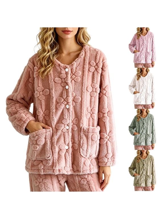 Bed Jackets for Ladies Long Sleeve Button Up V Neck Cardigan with Pockets Plaid Fuzzy Fleece Coat Warm Soft Lounge Casual 2026 Fall Winter Outerwear,White M