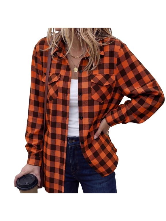 Button Down Plaid Shirts for Women Long Sleeve Lapel Collar Shirt with Pockets Shacket Jacket 2026 Fashion Fall Lightweight Casual Loose Fit Clothes,Orange S