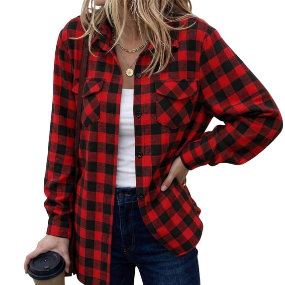 Textilo Button Down Plaid Shirts for Women Long Sleeve Lapel Collar Top with Pockets Blouse Lightweight 2026 Fashion Fall Business Casual Outfits,Wine M