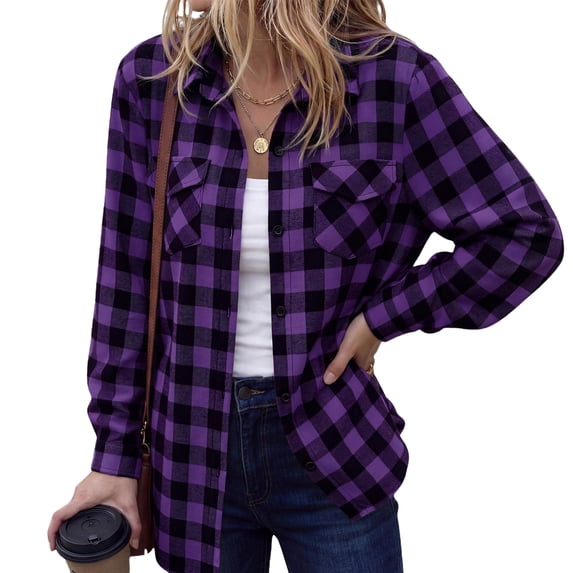 Textilo Button Down Plaid Shirts for Women Long Sleeve Lapel Collar Top with Pockets Shacket Jacket 2026 Fashion Fall Lightweight Casual Loose Fit Outfits,Purple L