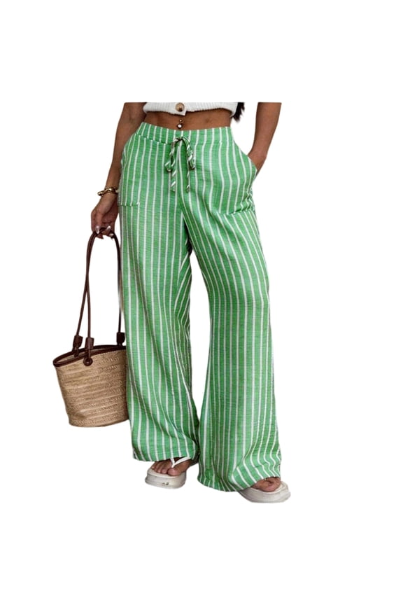 Casual Striped Pants for Women Wide Leg Drawstring Pant with Pockets Elastic Waist Palazzo Trousers Summer Beach Vacation Comfy Lounge Boho Outfits,Green M