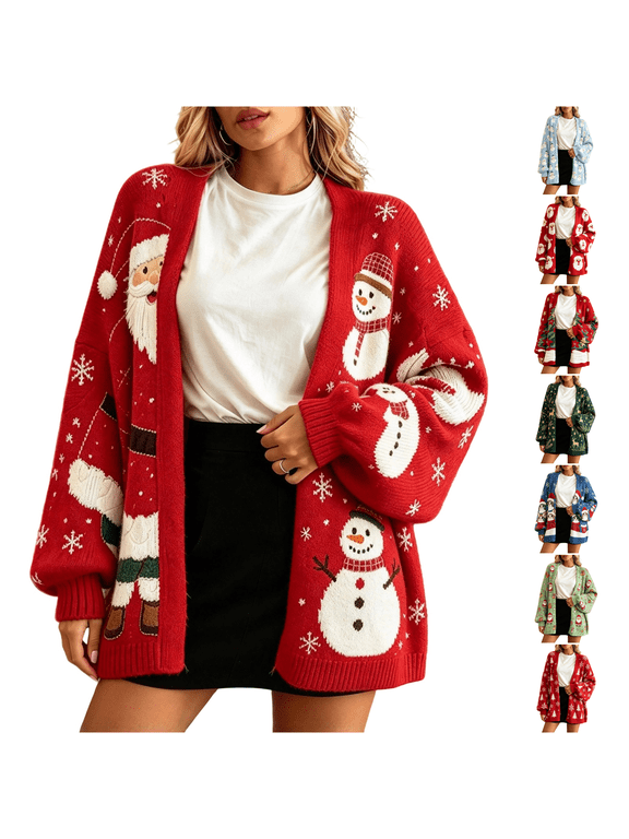 Christmas Cardigan for Women Long Sleeve Funny Xmas Cardigan Sweaters Open Front Santa Claus Coat Soft Fall Winter Clothes