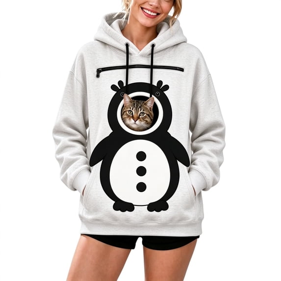 Textilo Christmas Hoodie with Pet Pocket Unisex Zip Up Long Sleeve Hooded Sweatshirt with Kangaroo Pockets Drawstring Funny Santa Holiday Christmas Cat Pouch Hoodie
