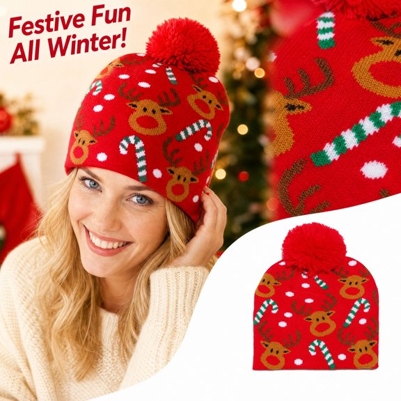 Textilo Christmas Knit Beanie,Soft Warm Pom Pom Winter Hat Family,Cartoon Patterns,Xmas Party&Outdoor Use