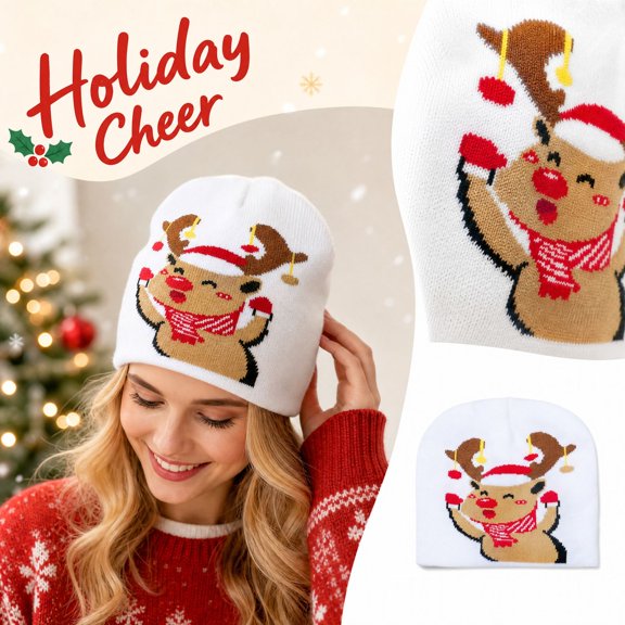 Textilo Christmas Knitted Beanie Hat Unisex Stretchable Knit Winter Hat with Santa Reindeer Pattern for Holiday Xmas Men Women Party Warmth