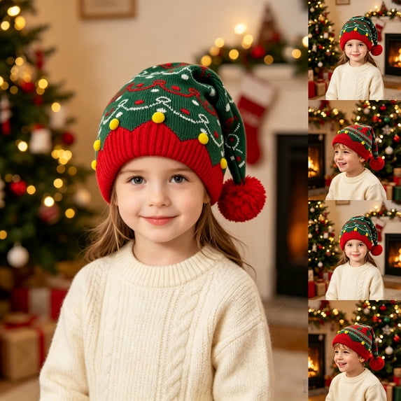 Textilo Christmas Knitted Beanies Hat for Boys And Girls, Christmas Tree Santa Hat with Plush Ball Winter Warm Crochet Bearded Handmade Xmas Cap for Children