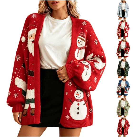 Textilo Christmas Sweater for Women Long Sleeve Funny Xmas Cardigan Sweaters Open Front Santa Claus Coats Fall Winter Warm Clothes