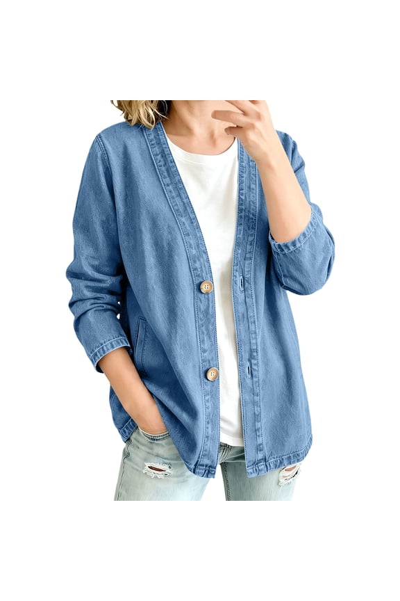 Women's Classic Button Front Denim Jacket Breathable, V-Neck Long-Sleeved Lightweight Jeans Jacket, Relaxed Fit,Blue M