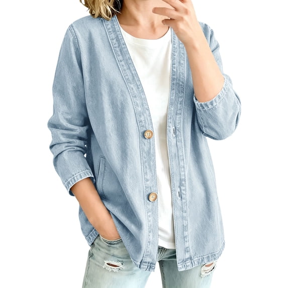Textilo Women's Classic Button Front Denim Jacket Breathable, V-Neck Long-Sleeved Lightweight Jeans Jacket, Relaxed Fit,Light Blue S