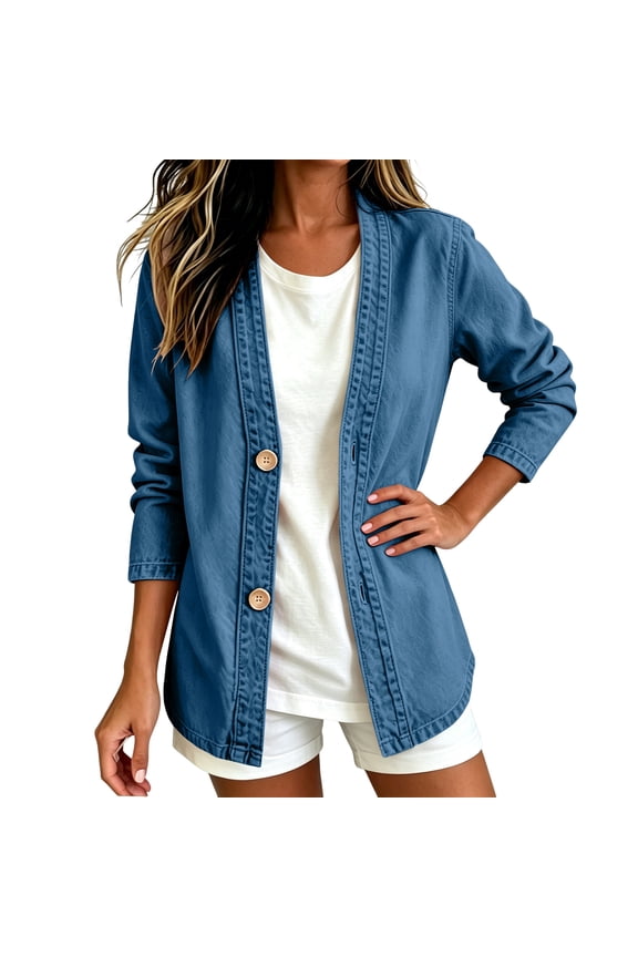 Classic Button Front Denim Jacket for Women V-Neck Long-Sleeved Jeans Jacket Figure-Flattering Lightweight Breathable Wear,Blue 2XL