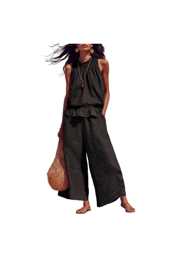 Cotton Linen 2 Piece Sets for Women Sleeveless Ruffle Top and Wide Leg Pants Sets with Pockets Elastic High Waisted Outfits Travel Summer Trendy Vacation Loose-Fit Casual Loungewear,Black M