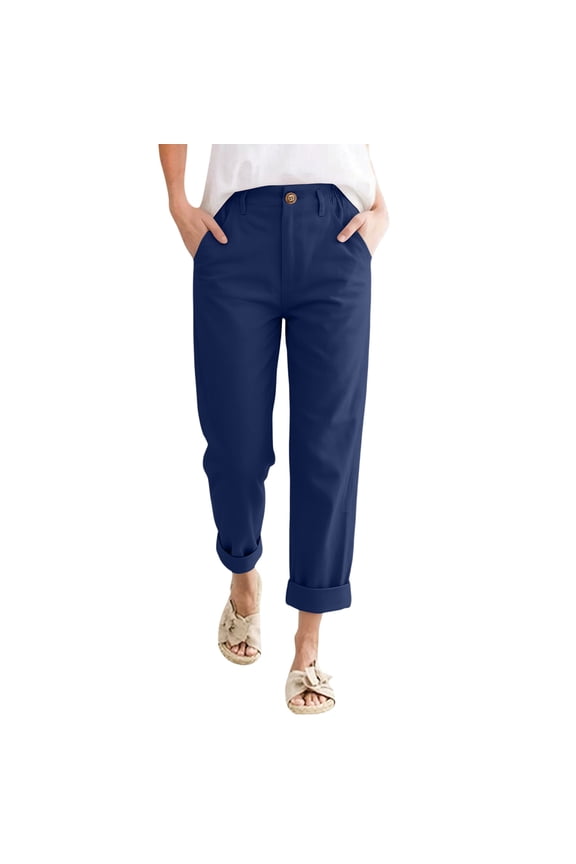 Cotton Linen Dressy Pants for Women Cuffed Cropped Straight Leg Button Capri Pants with Pockets Elastic High Waisted Trouser Loose Fit Summer Vacation Baggy Lounge Outfits,Navy XL