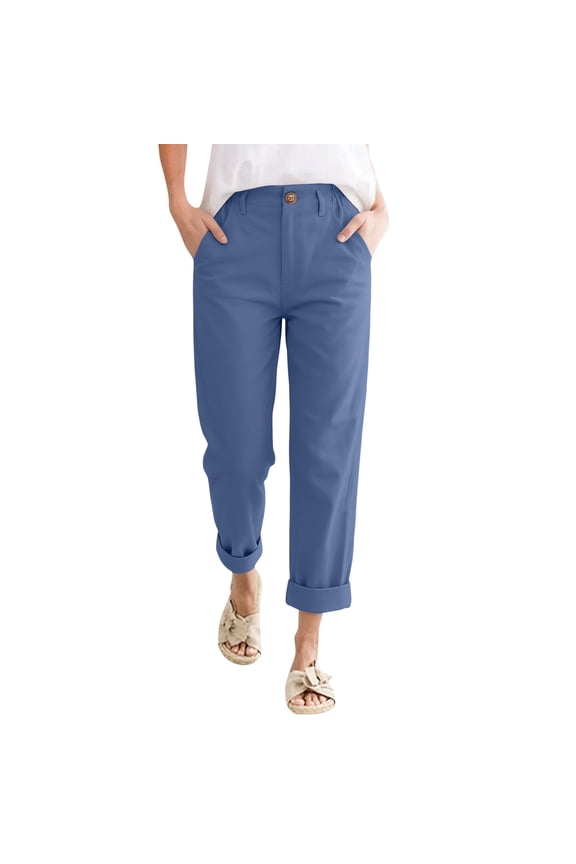 Cotton Linen Pants for Women Cuffed Cropped Straight Leg Button Pant with Pockets Elastic High Waisted Trousers Comfy Lounge Summer Beach Loose Fit Outfits,Blue 2XL