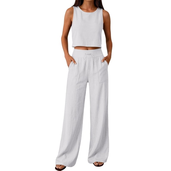 Textilo Cotton Linen Sets for Women 2 Piece Sleeveless Crewneck Crop Top and Wide Leg Drawstring Pants Elastic High Waisted Outfit Travel Lounge Summer Vacation Loose-Fit Walking Wear,White L