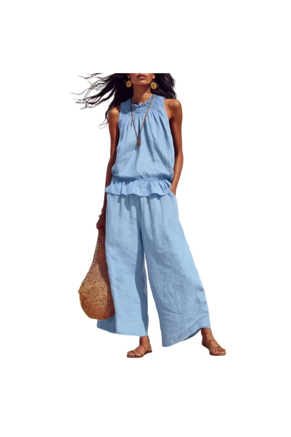Cotton Linen Two Piece Set for Women Sleeveless Ruffle Top and Wide Leg Pants Sets with Pockets Elastic High Waisted Outfit 2026 Boho Casual Summer Travel Vacation Trendy Wear,Sky Blue S