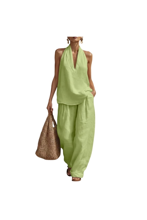 Cotton Linen Two Piece Set for Women Sleeveless V Neck Halter Top Matching Baggy Wide Leg Pants Set Solid Color Set Travel Summer Trendy Vacation Loose-Fit Casual Activewear,Light Green 2XL