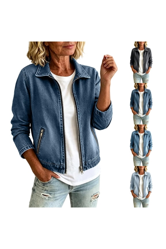 Cropped Denim Jacket for Women Collared Full Zip Up Denim Cardigan with Zipper Pockets Long Sleeve Pullover Sweatshirt Lightweight Loose Fit Trendy Fall Casual Outerwear,Dark Blue L