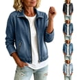 thumbnail image 1 of Textilo Cropped Stretch Jean Jacket for Women Collared Full Zip Up Denim Jacket with Zipper Pockets Long Sleeve Pullover Sweatshirt Trendy Fall Casual Y2k Loose Fit Vintage Outwear,Dark Blue 2XL, 1 of 5