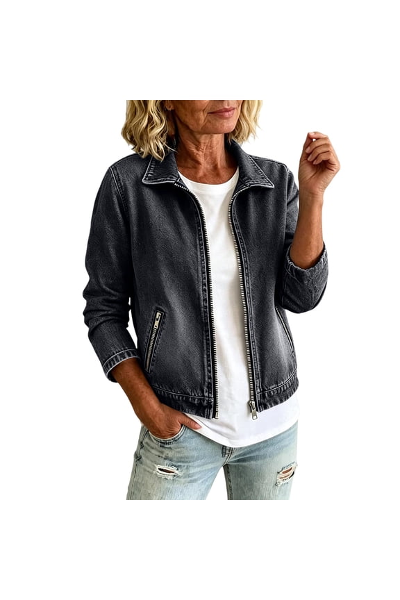 Cropped Stretch Jean Jacket for Women Collared Full Zip Up Jean Coats with Zipper Pockets Long Sleeve Jackets Fall Casual Loose Fit Vintage Lightweight Outwear,Black L