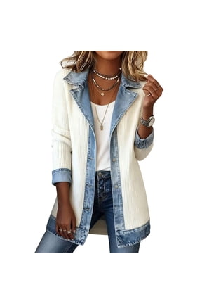 Denim Patchwork Collared Shirt Jacket for Women Ribbed Knit Button Down Jacket Lapel Collar Long Sleeve Denim Spliced Coat Loose Fit 2026 Winter Fall Casual Soft Outerwear,White L
