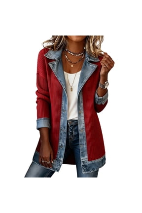 Denim Patchwork Collared Shirt Jacket for Women Ribbed Knit Button Down Jacket Lapel Collar Long Sleeve Denim Spliced Shacket Loose Fit 2026 Winter Fall Casual Soft Outerwear,Red 2XL