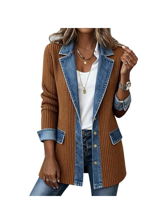 Denim Patchwork Collared Shirt Jacket for Women Ribbed Knit Button Down Shirt Jacket Lapel Collar Long Sleeve Denim Spliced Coat Winter Fall 2026 Casual Loose Fit Office Wear,Khaki 2XL