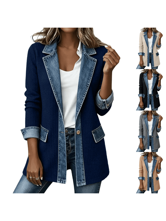 Denim Patchwork Knit Sweater Blazer for Women Ribbed Knit Button Down Cardigan Jackets Lapel Collar Long Sleeve Denim Spliced Coat Loose Fit 2026 Winter Fall Casual Soft Outerwear,Navy M