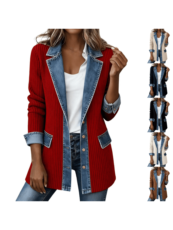 Denim Patchwork Knit Sweater Blazer for Women Ribbed Knit Button Down Cardigan Jackets Lapel Collar Long Sleeve Denim Spliced Coat Office 2026 Winter Fall Soft Loose Fit Wear,Red 2XL