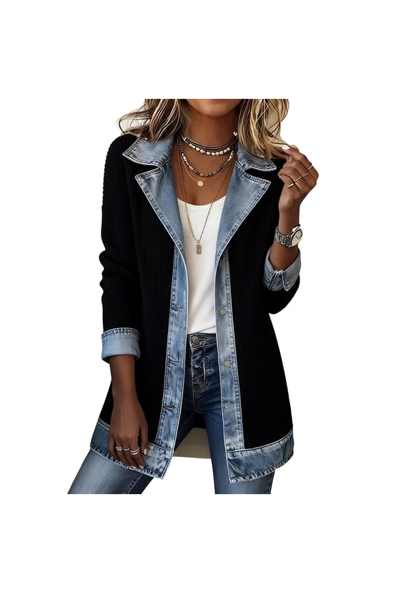 Denim Patchwork Knit Sweater Blazer for Women Ribbed Knit Button Down Cardigan Jackets Lapel Collar Long Sleeve Denim Spliced Shacket Loose Fit 2026 Winter Fall Casual Soft Outerwear,Black L