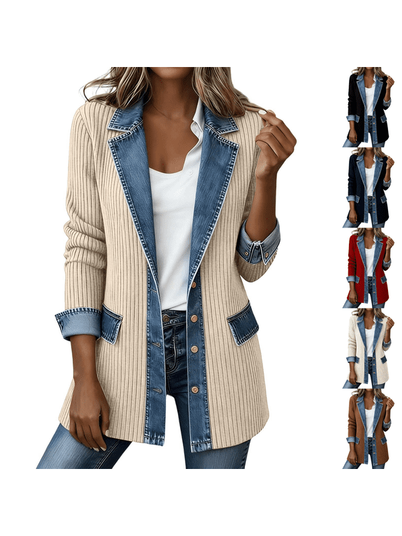 Denim Patchwork Knit Sweater Blazer for Women Ribbed Knit Button Down Jacket Lapel Collar Long Sleeve Denim Spliced Shacket Loose Fit 2026 Winter Fall Casual Soft Wear,Beige 2XL