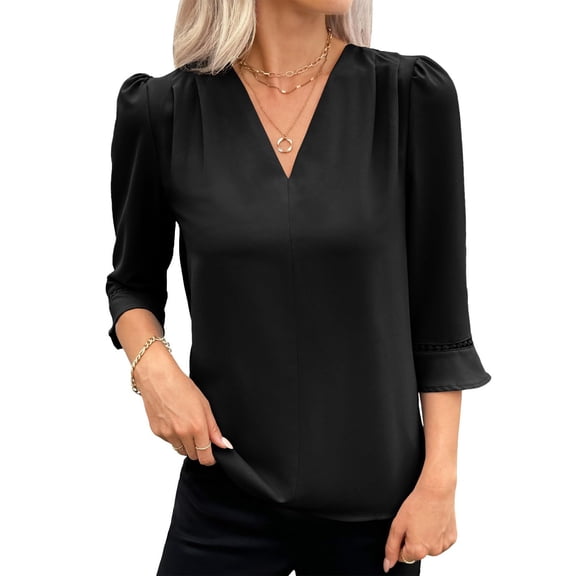 Textilo Dlouses for Women Dressy Casual Lounge 3/4 Sleeve Tops Trendy V Neck Collared Shirt Office Pleated T-Shirt Women's Tops L Black 02