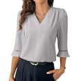 thumbnail image 1 of Textilo Dressy Tops for Women Casual 3/4 Sleeve Top Trendy V Neck Collared Shirts Business Work Pleated Blouses Fashion Clothing S Light Gray 03, 1 of 3