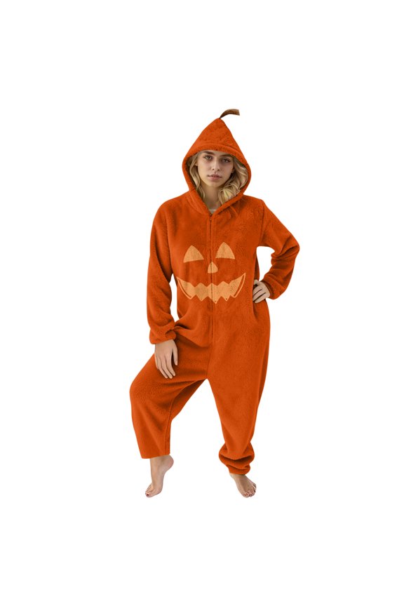 Flannel Pajama Set for Women Halloween Print Long Sleeve Hooded Jumpsuit Wide Leg Full Zip Up Romper Lounge Soft Comfy Lightweight 2026 Trendy Loungewear,Ginger L