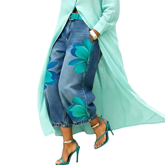 Textilo Floral Barrel Jeans for Women Wide Leg High Waisted Denim Pants with Pockets Cropped Jean Loose Casual Baggy Trendy Clothes,Green L