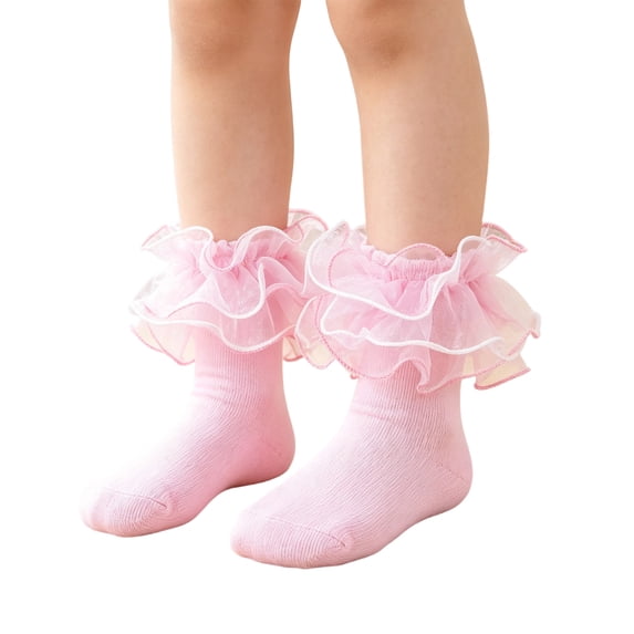 Textilo Girls Big Ruffle Ankle Socks,Double Lace Turn Cuff Lightweight Frilly Dress Cute Girl Sock with Ruffles,Pink XS(1-2Years)