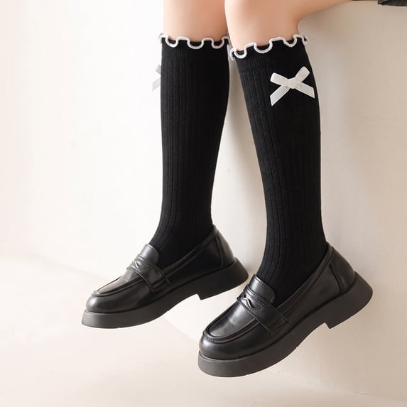 Textilo Girls' long stockings - school-style ankle socks with lace trim and bow at the end, high-waisted socks,Black M(3-5Years)
