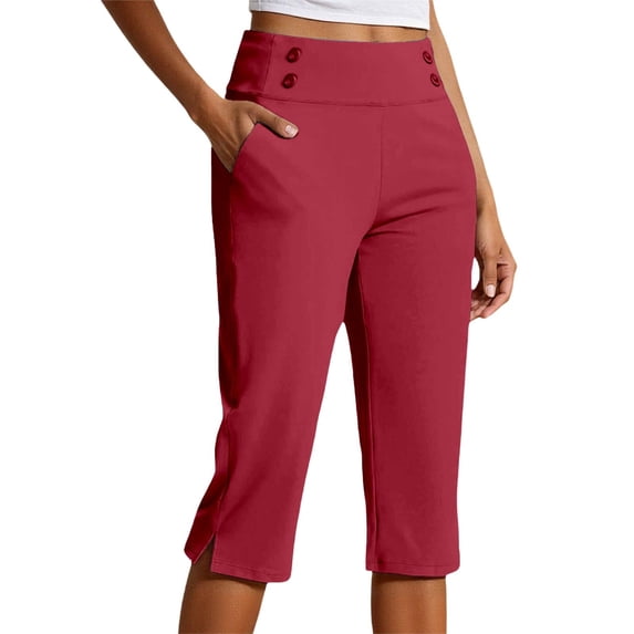Textilo Golf Capris for Women Elastic High Waisted Side Slit Stretch Capri Pants with Pockets Straight Leg Button Pant Casual Summer Travel Workout Lightweight Slacks,Red XL