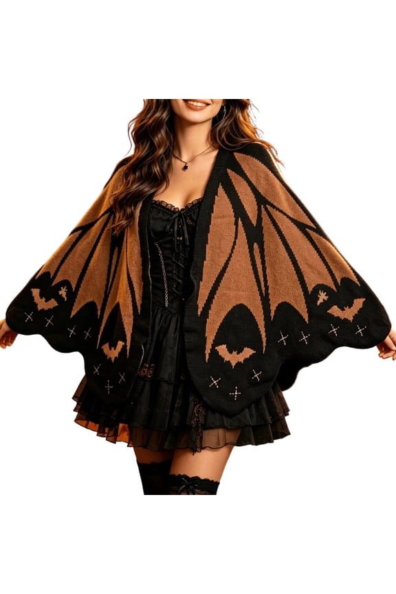 Halloween Bat Wing Cardigan Cape for Women the Halloween-Themed Bat Cardigan Sweater with Bats Wing Open Front the Multicolor Casual Daily Sweater,Brown