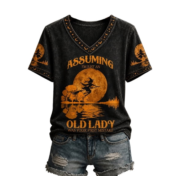 Textilo Halloween Print T-Shirt for Women Short Sleeve V-Neck Shirts Witch Graphic T-Shirts Halloween Funny Spooky Season Vintage Tee Tops
