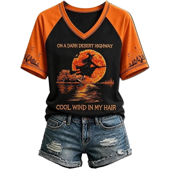 Textilo Halloween Print T-Shirt for Women Raglan Short Sleeve V-Neck Shirt Witch Graphic Tshirts Halloween Funny Spooky Season Vintage Tee