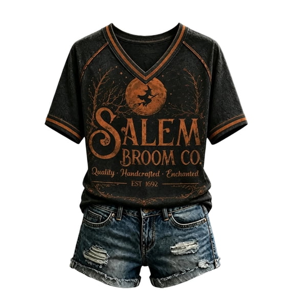 Textilo Halloween Print T-Shirt for Women Raglan Short Sleeve V-Neck Shirt Witch Graphic Tshirts Vintage Comfort Funny Spooky Season Tee